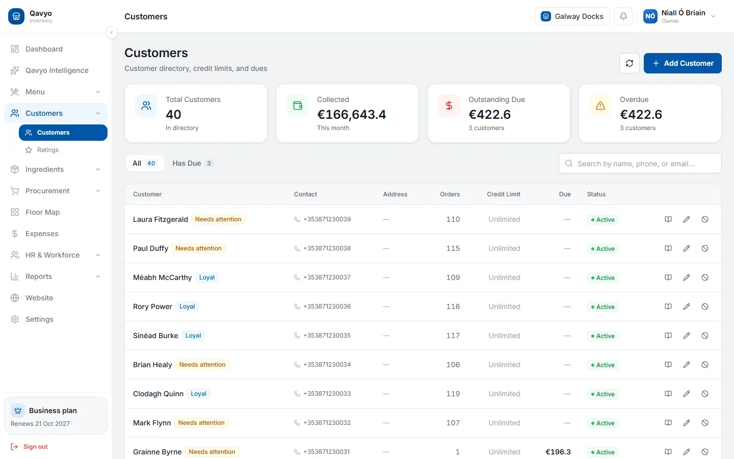 Qavyo customer list with order counts and loyal or needs-attention tags.