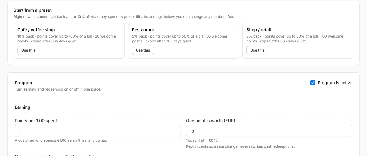 Loyalty settings in the website admin with café, restaurant and shop presets.