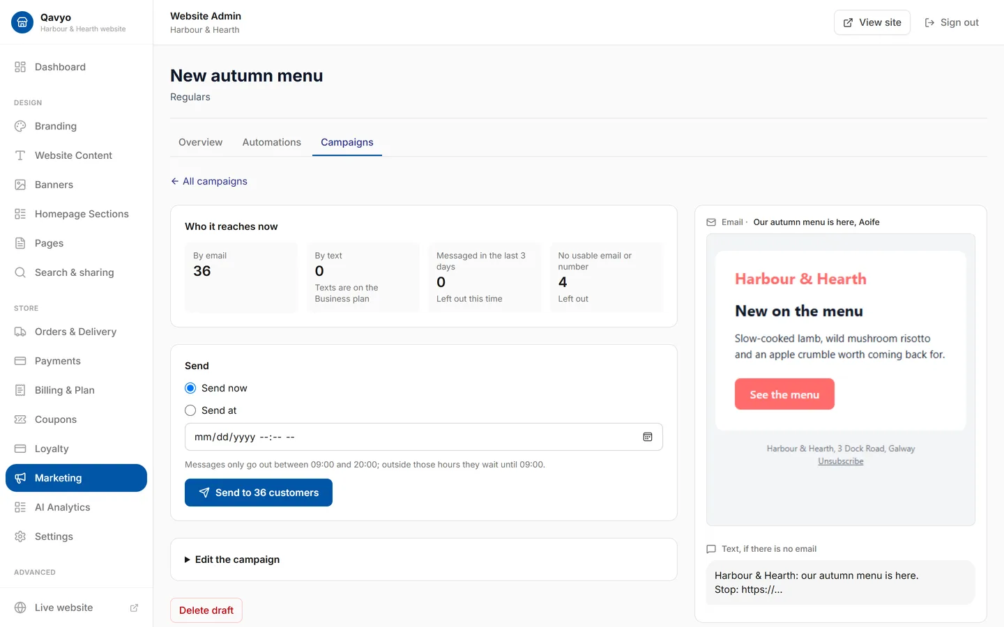 A campaign ready to send: guests reached by email and by text, left out, the send options and the email preview.