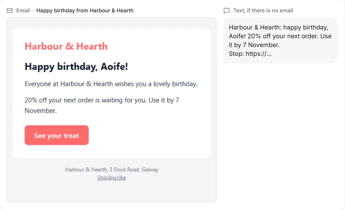 A birthday email from Harbour & Hearth with a 20% treat, and the text version beside it.