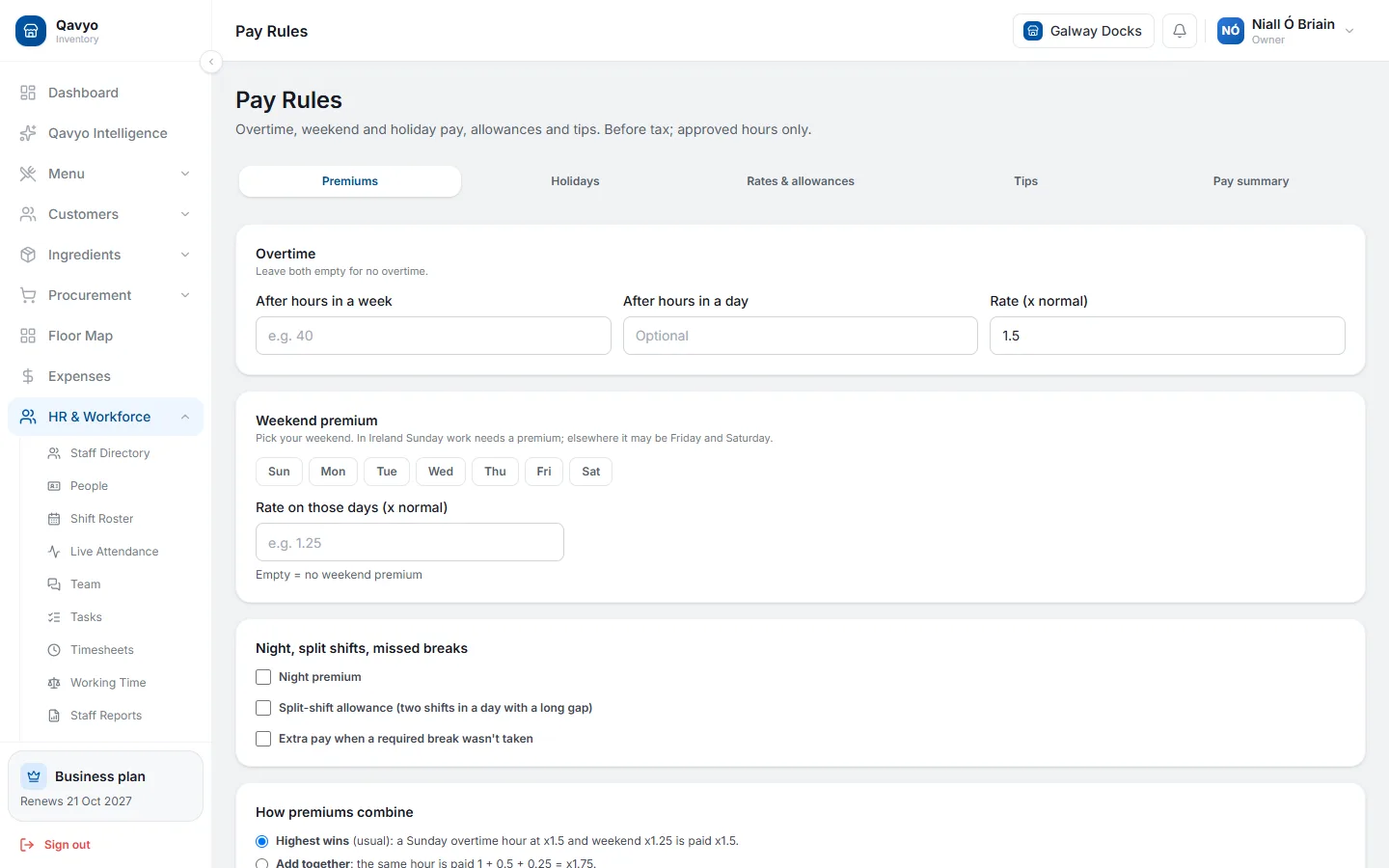 Qavyo pay rules with overtime, weekend premium and allowance settings.