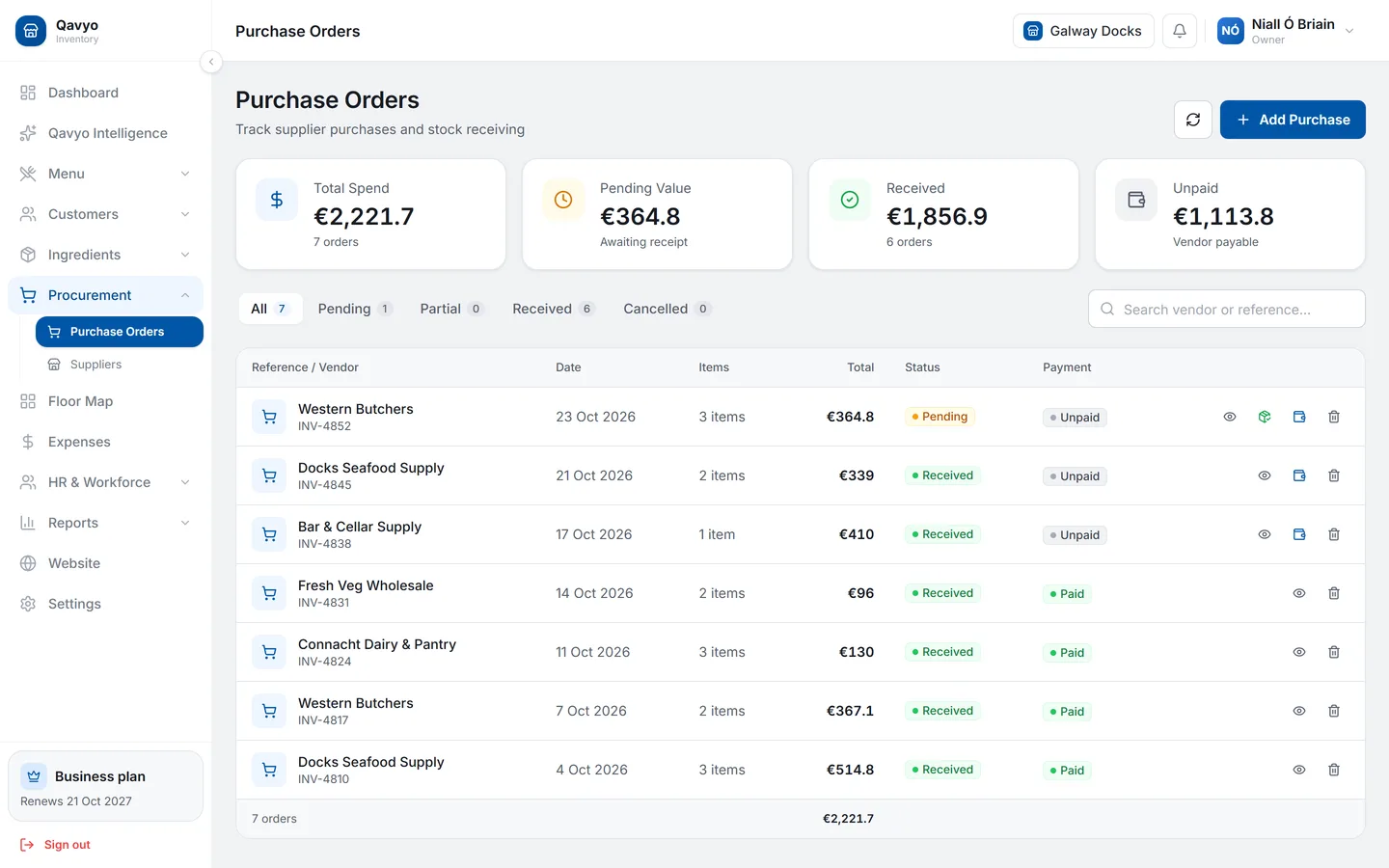 Qavyo purchase orders from five suppliers with received, pending, paid and unpaid status.