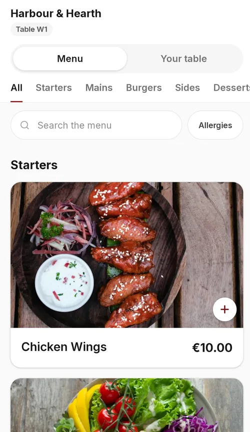 A guest's phone showing the menu after scanning a table QR code