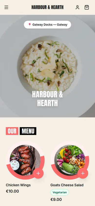 The restaurant website on a phone, showing dishes with prices and add buttons.