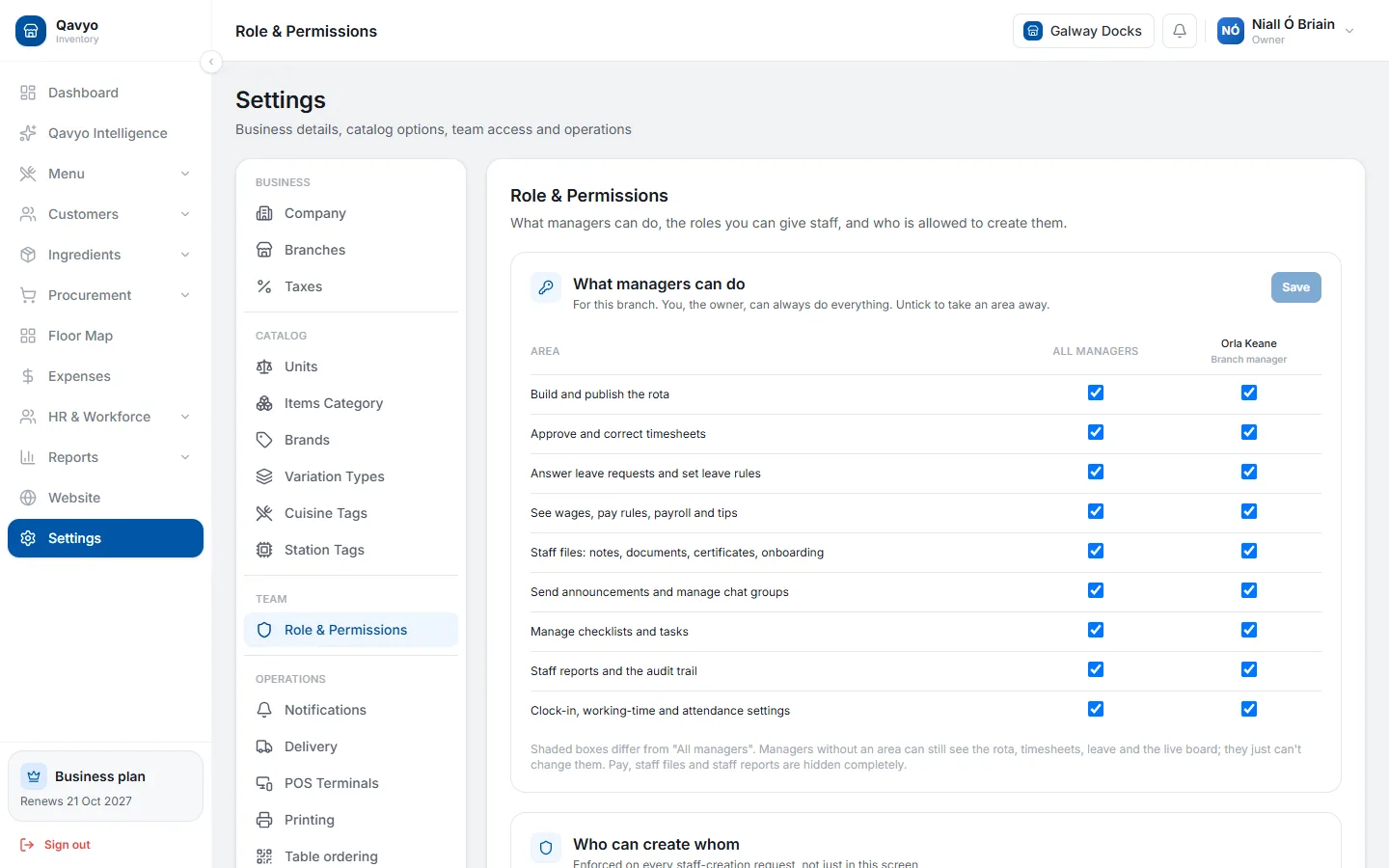 Qavyo roles and permissions: what managers can do, area by area.